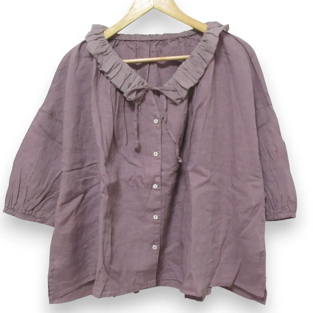24AW nest Robe ネストローブ リネン100％ 3/4スリーブ シアーフリルブラウス シャツ 01243-1143 サイズF パープル系