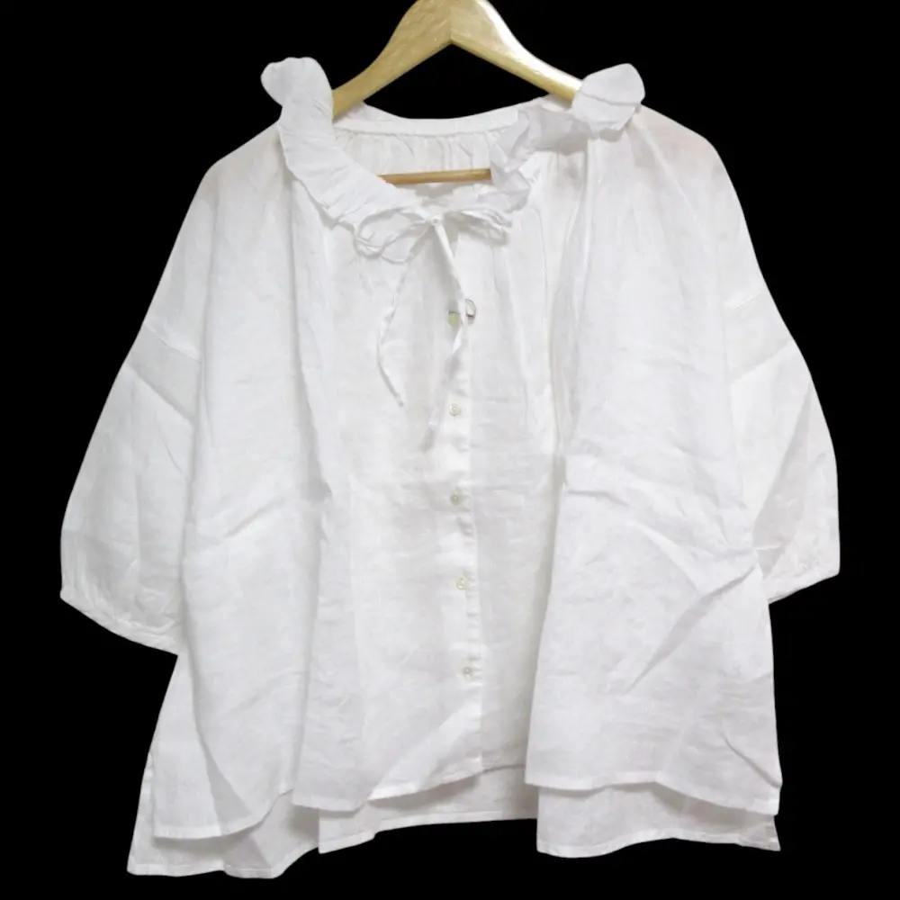 24AW nest Robe ネストローブ リネン100％ 3/4スリーブ シアーフリルブラウス シャツ 01243-1143 サイズF ホワイト
