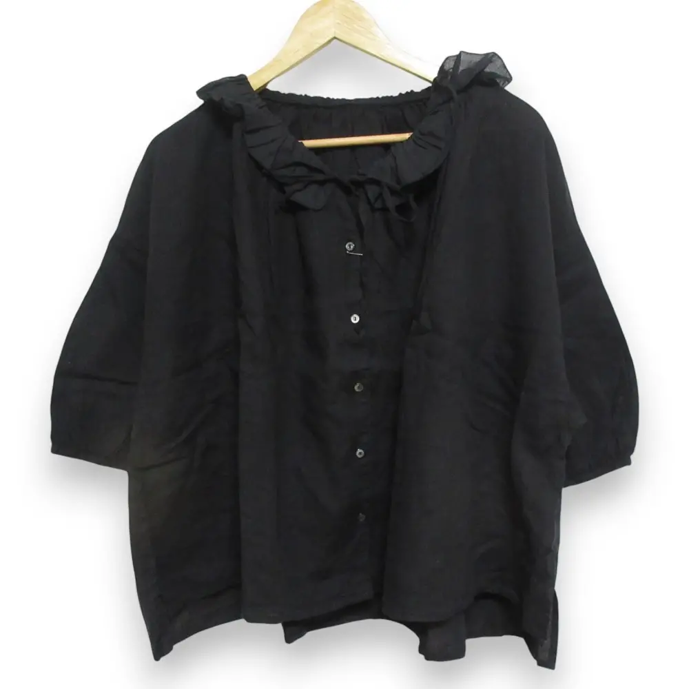 24AW nest Robe ネストローブ リネン100％ 3/4スリーブ シアーフリルブラウス シャツ 01243-1143 サイズF ブラック