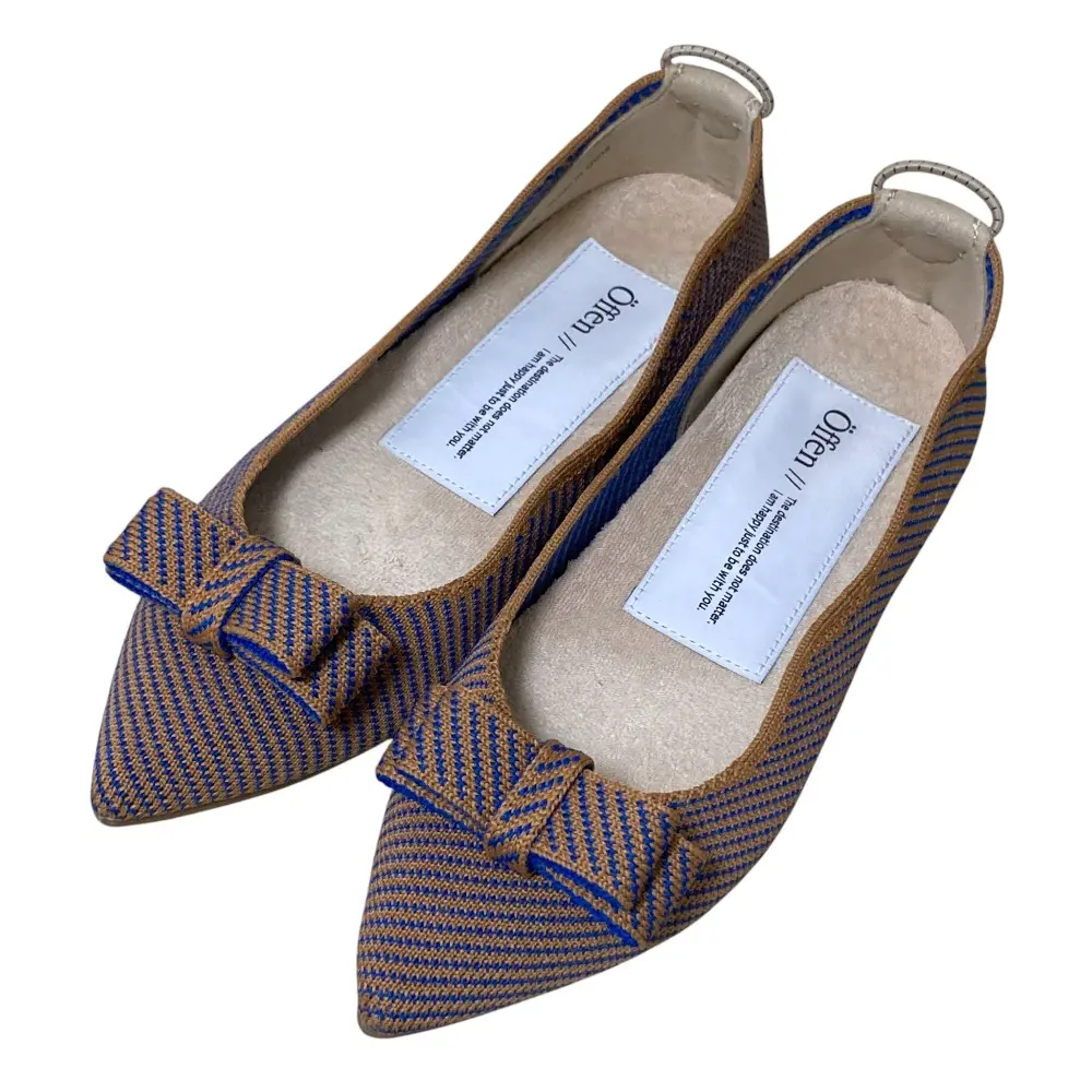 Offen オッフェン pointed-RUBAN ポインテッドトゥ リボンパンプス フラットシューズ サイズ36 約23cm ブルー×キャメル