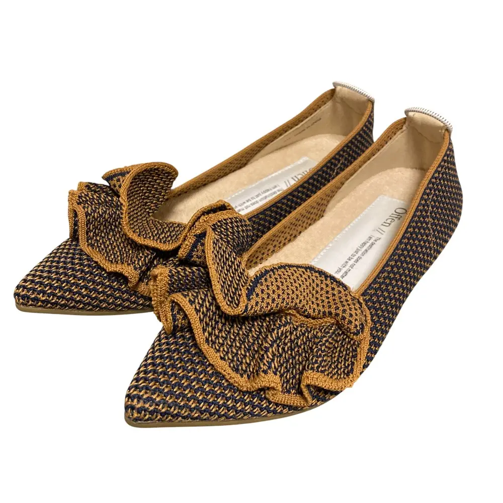 Öffen オッフェン pointed-FRIN ポインテッドトゥ フリル フラットシューズ パンプス サイズ37 約23.5cm キャメル×ネイビー