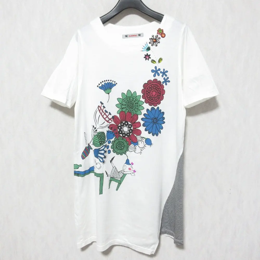 OLLEBOREBLA アルベロベロ オレボレブラ ぶたさん 刺繍フラワープリント カットソーワンピース チュニック ホワイト