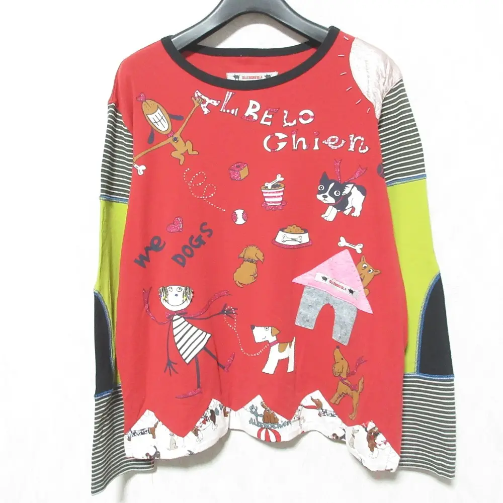 OLLEBOREBLA オレボレブラ アルベロベロ ドッグプリント 切替 ロングスリーブ カットソー Tシャツ レッド系
