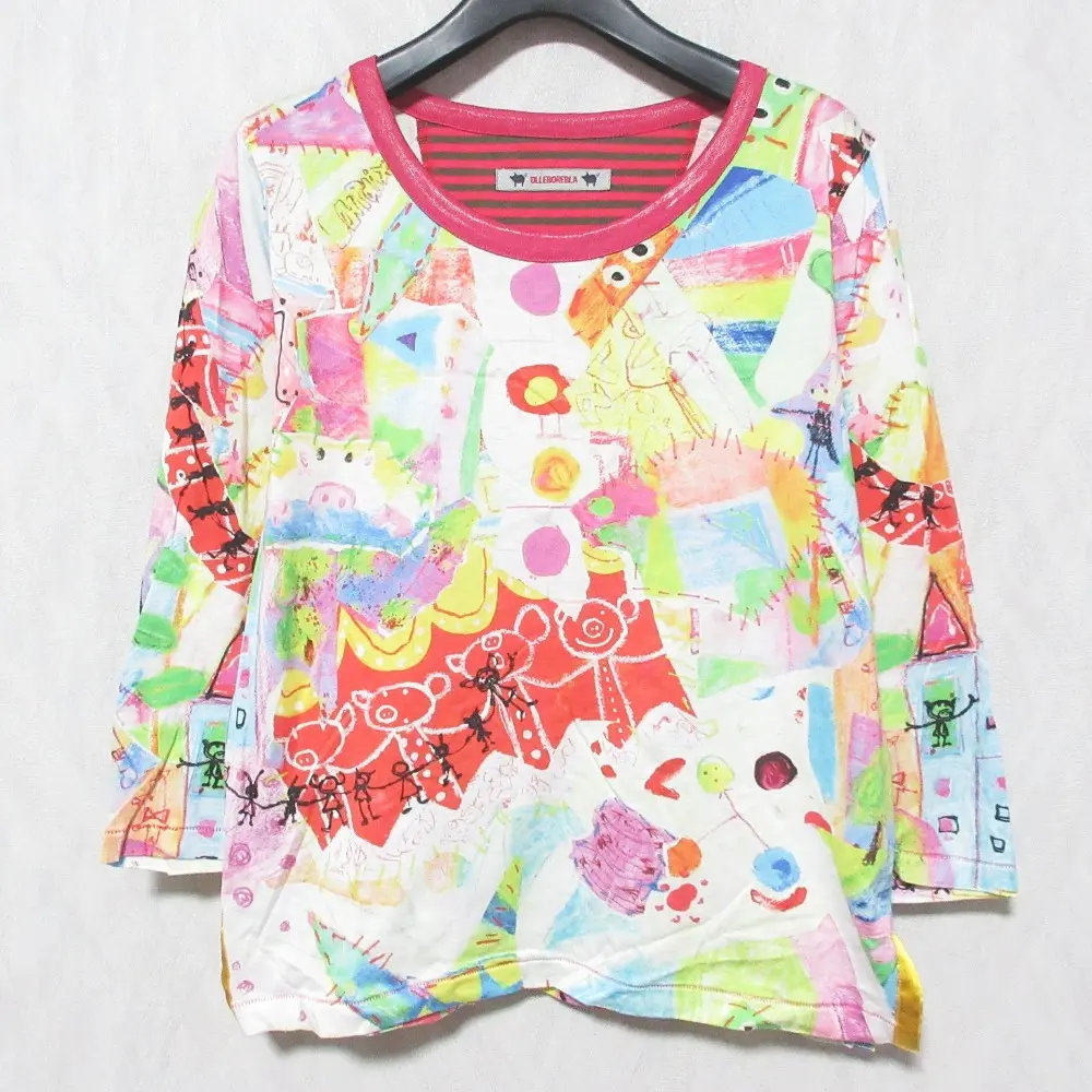 OLLEBOREBLA オレボレブラ アルベロベロ ぶたさんプリント 七分袖 クルーネック カットソー Tシャツ マルチカラー