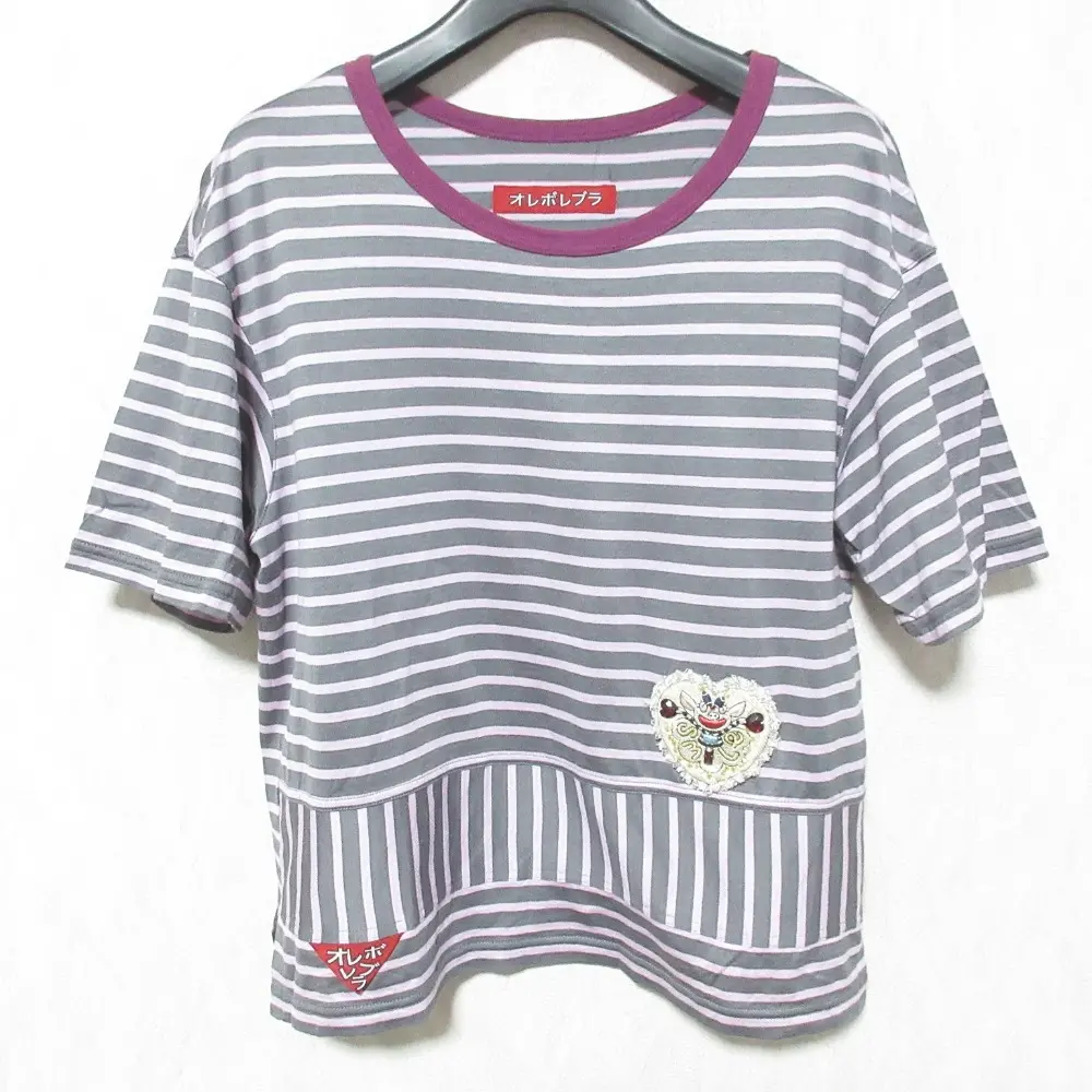 OLLEBOREBLA オレボレブラ アルベロベロ ぶたさん ボーダー Tシャツ カットソー グレー系 ライトパープル