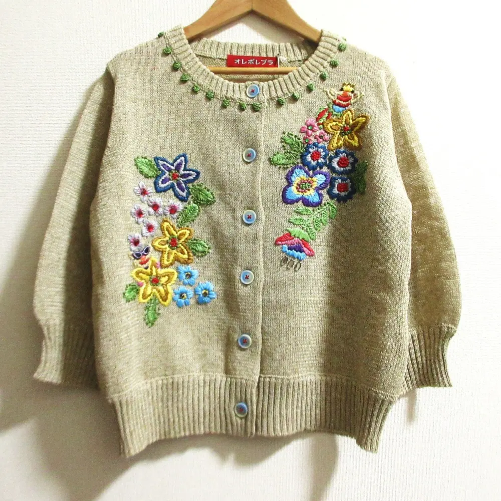 OLLEBOREBLA ALBEROBELLO オレボレブラ アルベロベロ ぶたさん刺繍 リネンブレンド ニットカーディガン サイズM ベージュ