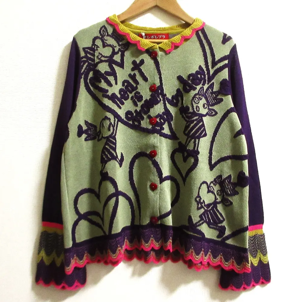 OLLEBOREBLA ALBEROBELLO オレボレブラ アルベロベロ ぶたさん刺繍 ハートボタン ニットカーディガン サイズM パープル