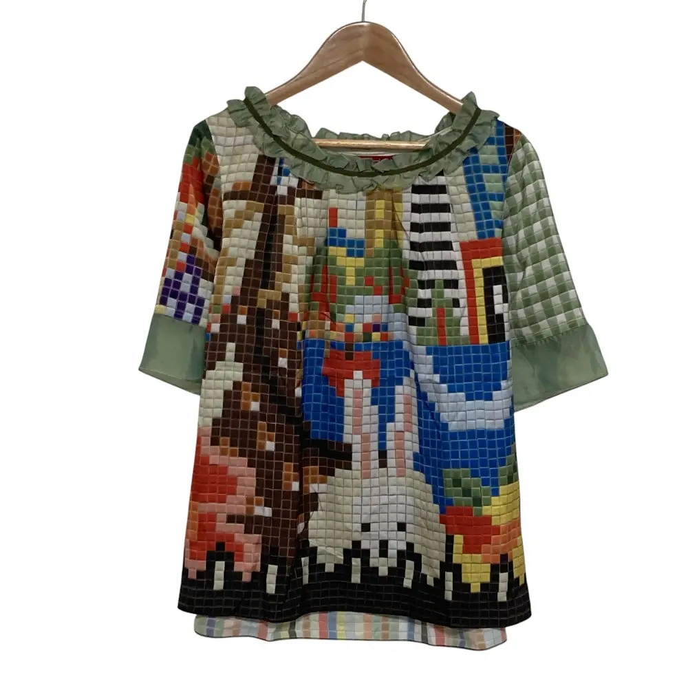 OLLEBOREBLA ALBEROBELLO オレボレブラ アルベロベロ モザイクプリント ショートスリーブ フリルカラー ブラウス マルチカラー