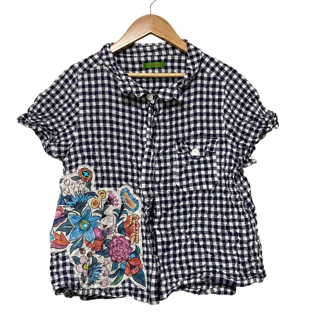OLLEBOREBLA オレボレブラ アルベロベロ ギンガムチェック ぶたさん シワ加工 ショートスリーブ シャツ ブラウス ネイビー