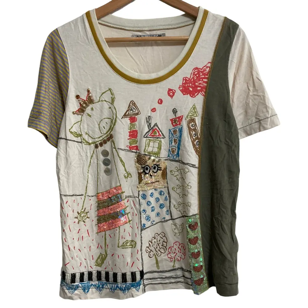 OLLEBOREBLA オレボレブラ アルベロベロ ぶたさんプリント スパンコール ショートスリーブ カットソー Tシャツ ライトベージュ