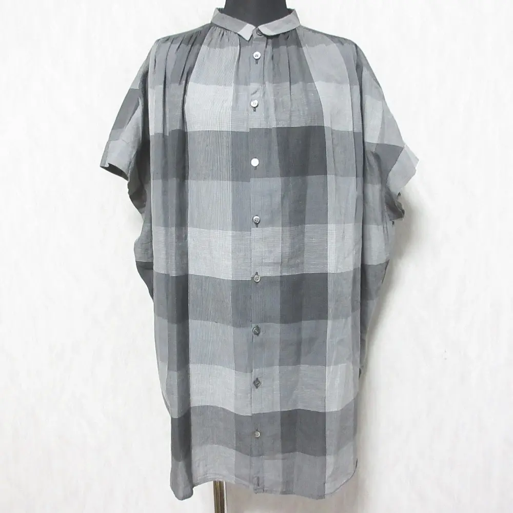 pas de calais パドカレ ブロックチェック柄 コットンリネン ドルマンスリーブ 半袖 ワイドブラウス ロングシャツ 36 グレー