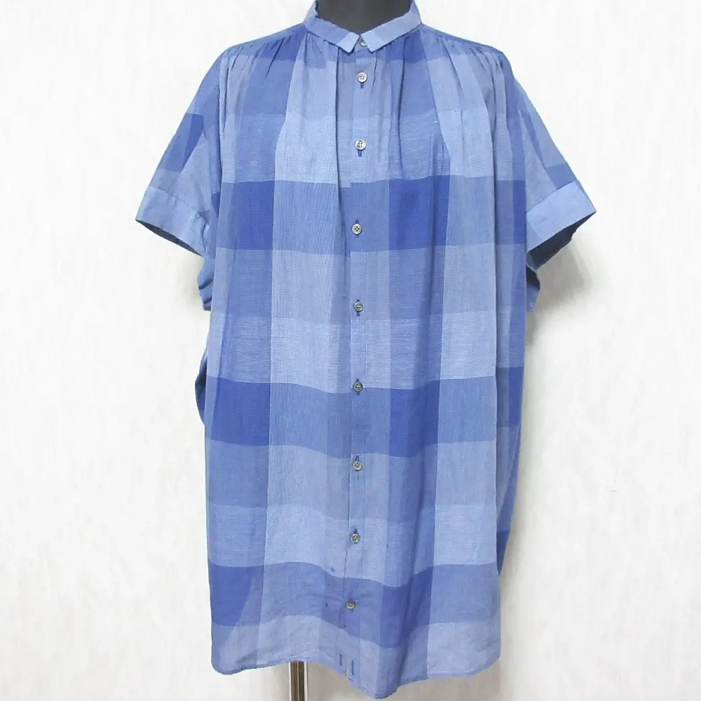 pas de calais パドカレ ブロックチェック柄 コットンリネン ドルマンスリーブ 半袖 ワイドブラウス ロングシャツ 36 ネイビー