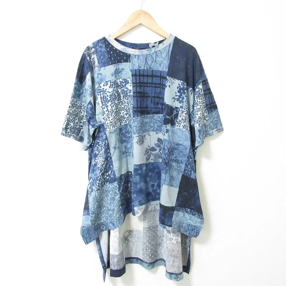 23SS pas de calais パドカレ パッチワーク風プリントプルオーバー クルーネック 半袖 Tシャツ カットソー 1601 36 ネイビー系