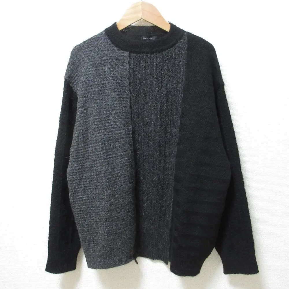 23AW pas de calais パドカレ アルパカ パッチワーク クルーネック ニット 長袖 セーター 2416 36 グレー系×ブラック