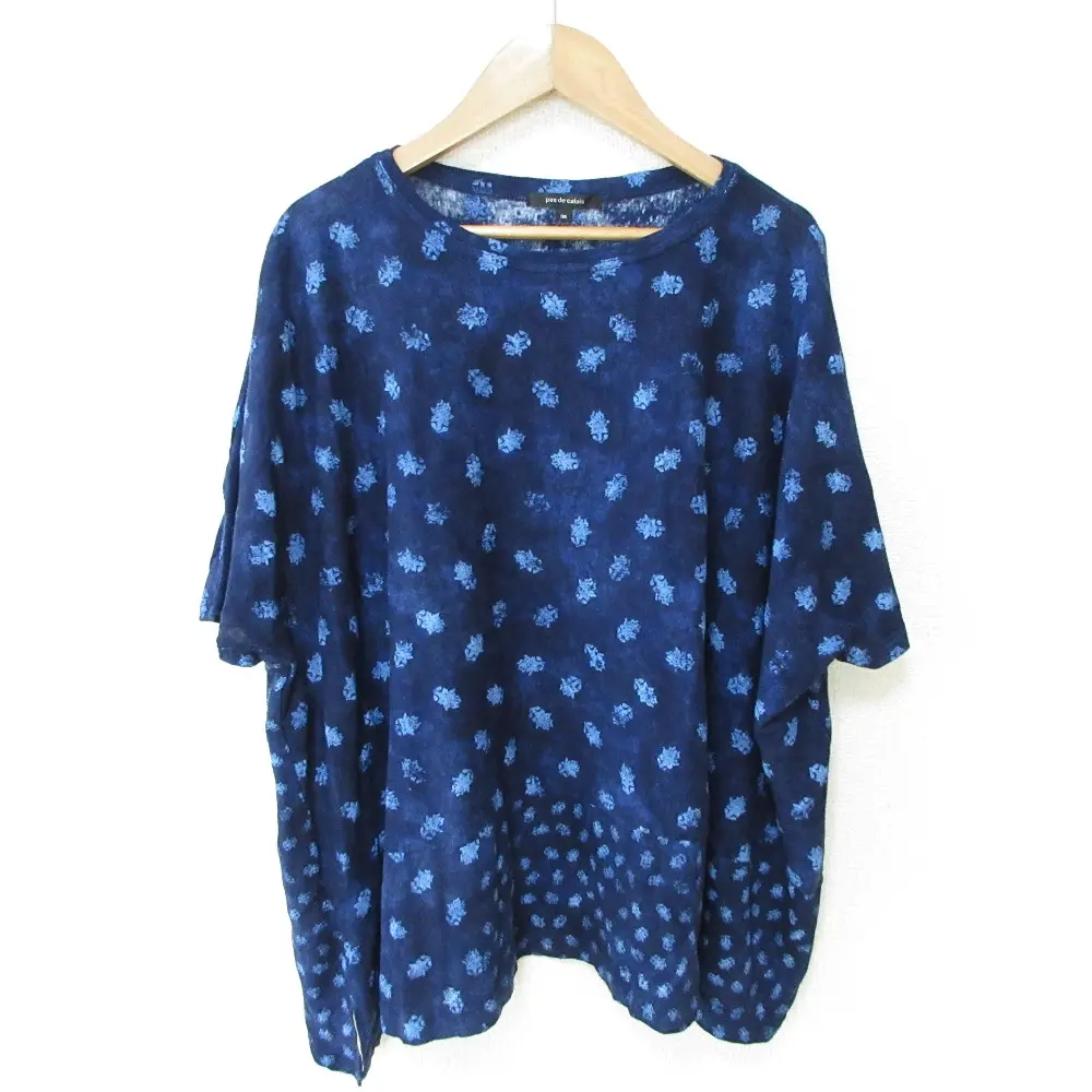 24SS pas de calais パドカレ 小付きブロックプリント風 天竺シャツ トップス カットソー 36 ネイビー×ブルー
