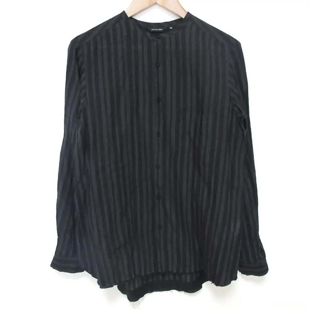 pas de calais パドカレ ストライプ柄 リネンブレンド カットオフ ノーカラーシャツ ブラウス サイズ36 ブラック グレー