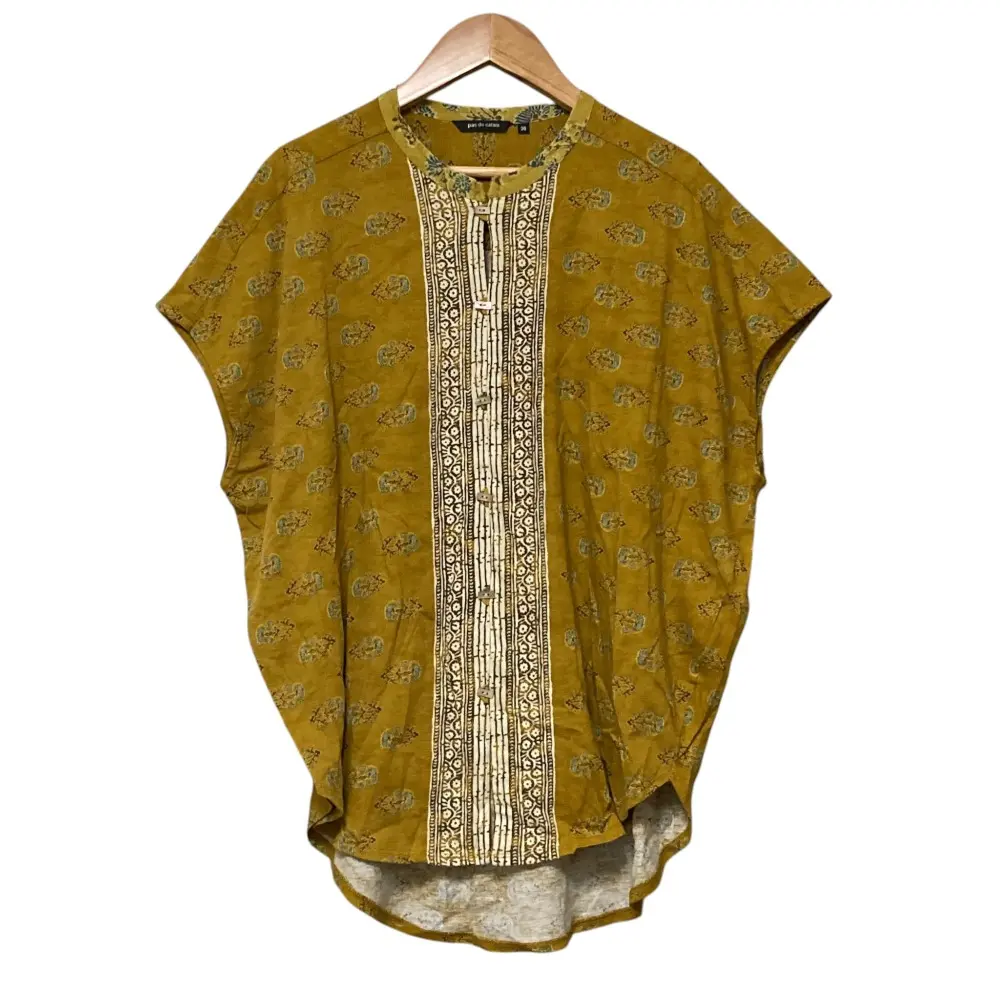 pas de calais パドカレ 総柄 ノースリーブ チュニック シャツ サイズ36 マスタード