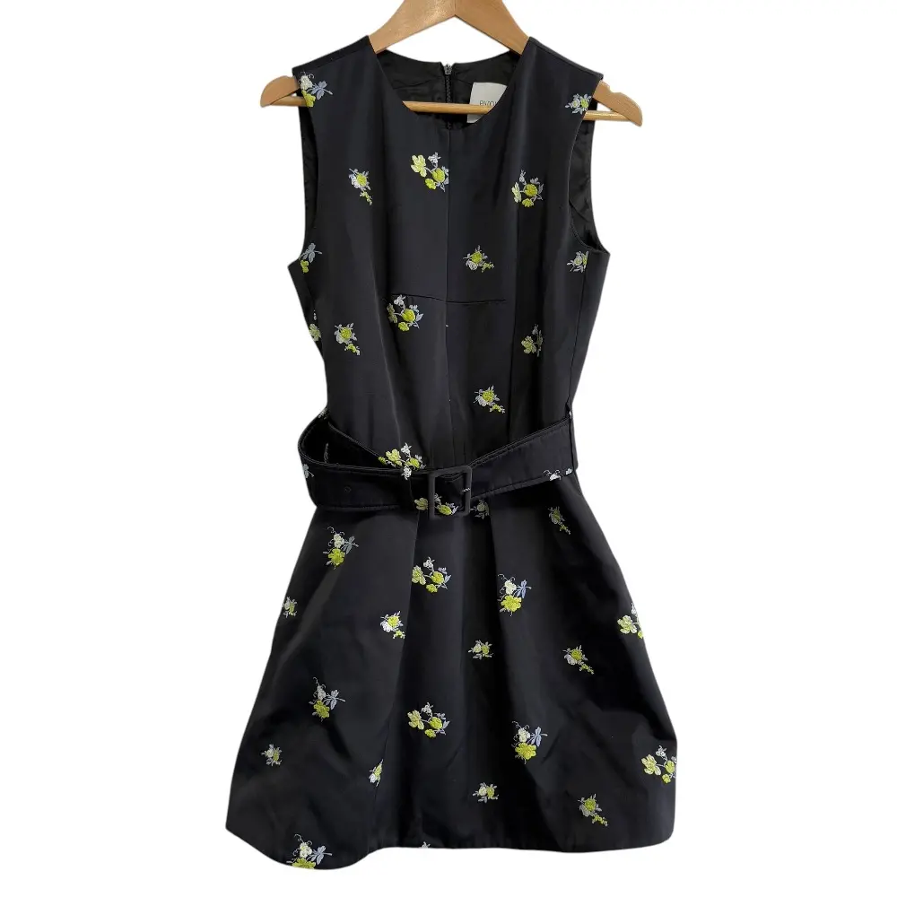 22-23AW PATOU パトゥ リサイクルサテン 刺繍ミニドレス 花柄 ひざ丈 ベルテッド ノースリーブワンピース 34 ブラック