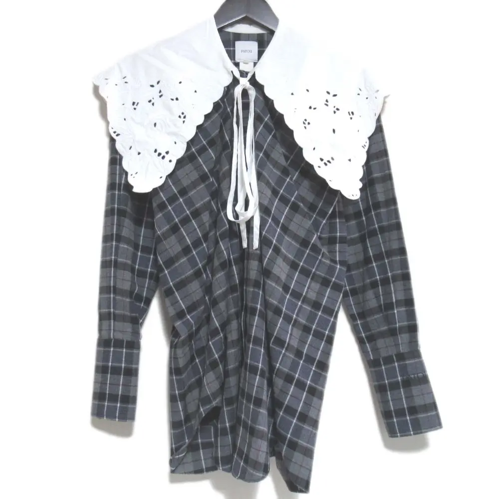 PATOU パトゥ チェック柄 ロングスリーブ 刺繍入りカラー コットン ウールブレンド シャツ ブラウス プルオーバー 34 グレー