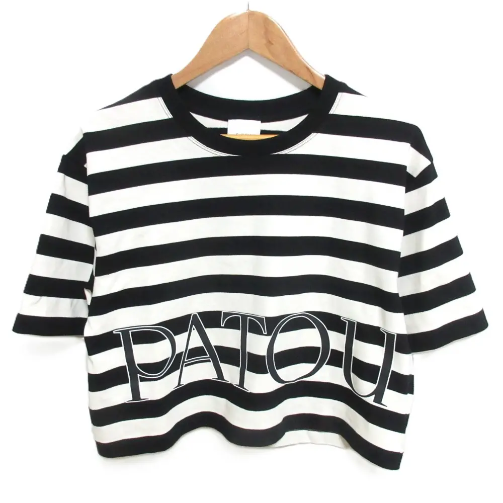 24SS PATOU パトゥ ボクシーストライプ 半袖 クルーネック クロップドTシャツ カットソー XS ブラック×ホワイト