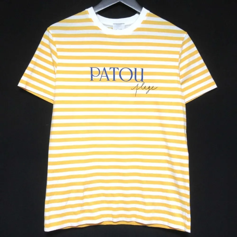 21SS Patou パトゥ ボーダー柄 レターロゴプリント オーガニックコットン 半袖 Tシャツ JE0329999203Y XS イエロー×ホワイト