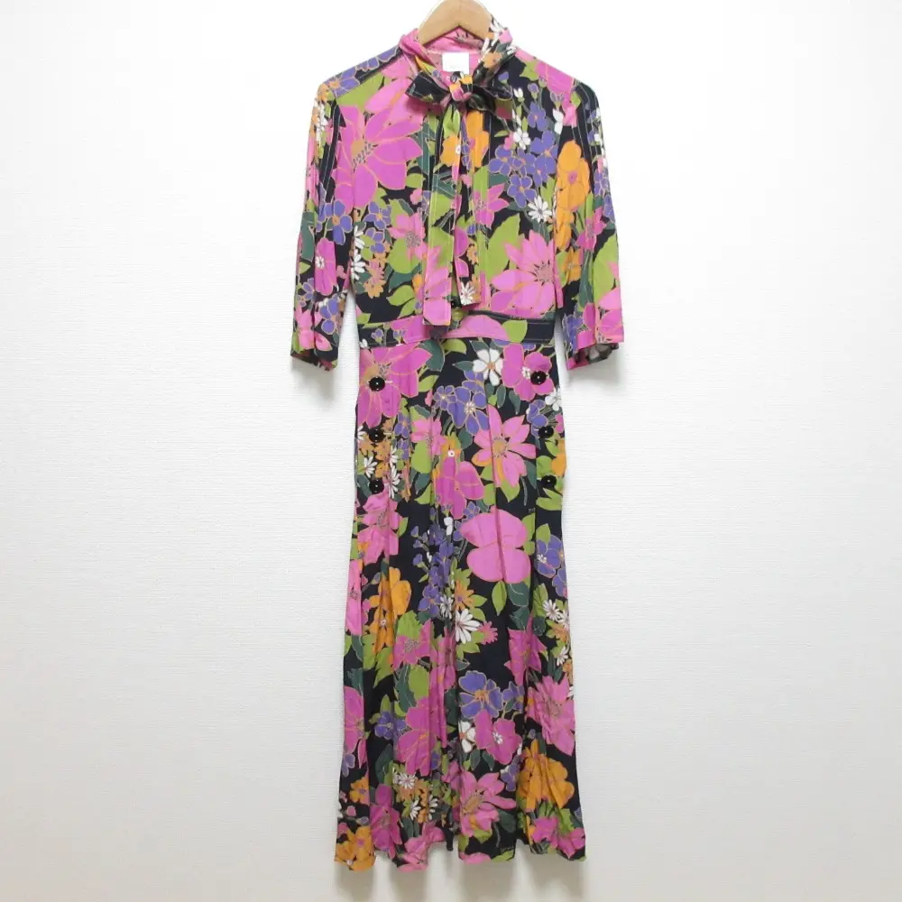 PATOU パトゥ フラワープリント ロングドレス ワンピース サイズ36 ブラック ピンク