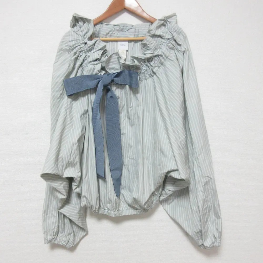 22AW Patou パトゥ フリルネック リボン ストライプブラウス サイズ34 グレー