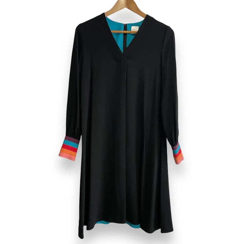 クリーニング済み Paul Smith ポールスミス マルチストライプカフス 長袖 Vネック ひざ丈 フレアワンピース ドレス 40 ブラック