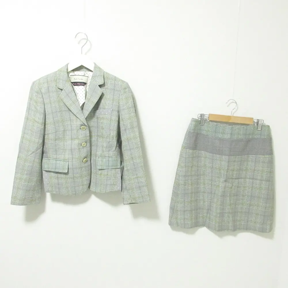 クリーニング済 Paul Smith ポールスミス グレンチェック柄 シングルジャケット×ミニスカート セットアップ スーツ 40 42 グレーの買取実績【2024年9月買取】
