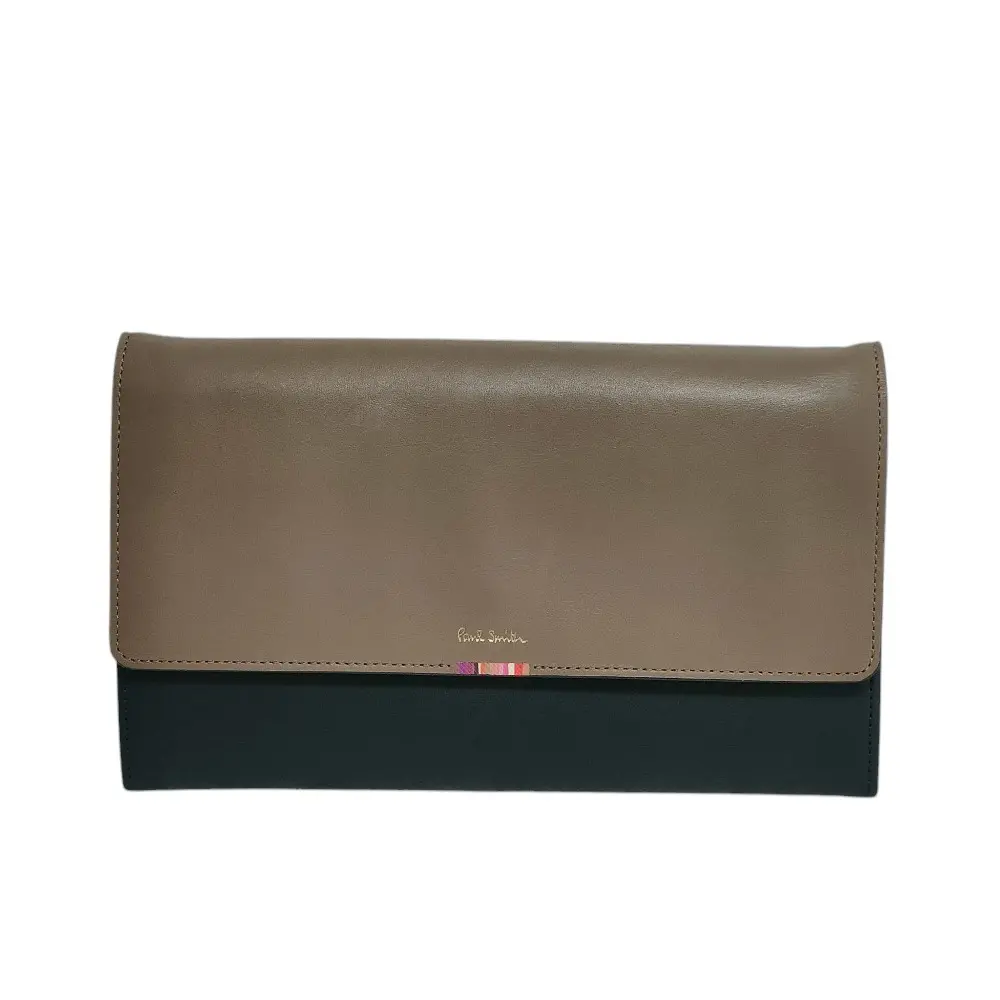 Paul Smith ポールスミス レザー ロゴ 二つ折り 長財布 ロングウォレット ショルダーストラップ付き ブラック×グレージュ