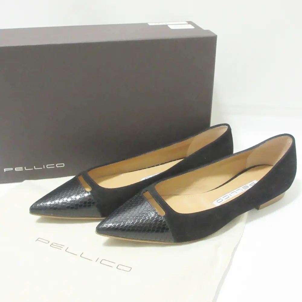 PELLUCOペリーコ アネッリ クロコ型押 フラットシューズ ポインテッドトゥ PELLICO ペリーコ ANELLI アネッリ 型押しレザー×スエード ポイン
