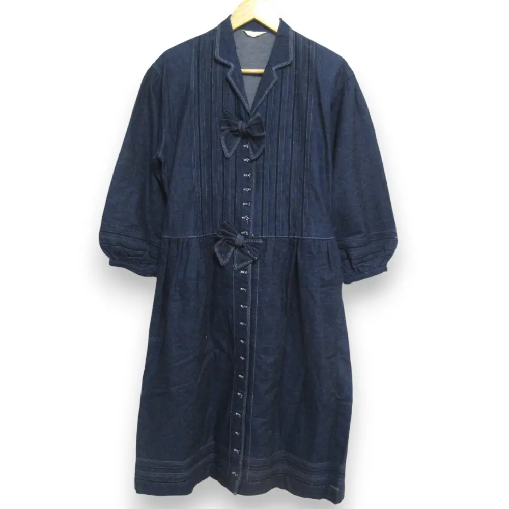 PINK HOUSE ピンクハウス リボン装飾 カットワーク 長袖 マキシ丈 フレア デニムワンピース インディゴ ブルー系