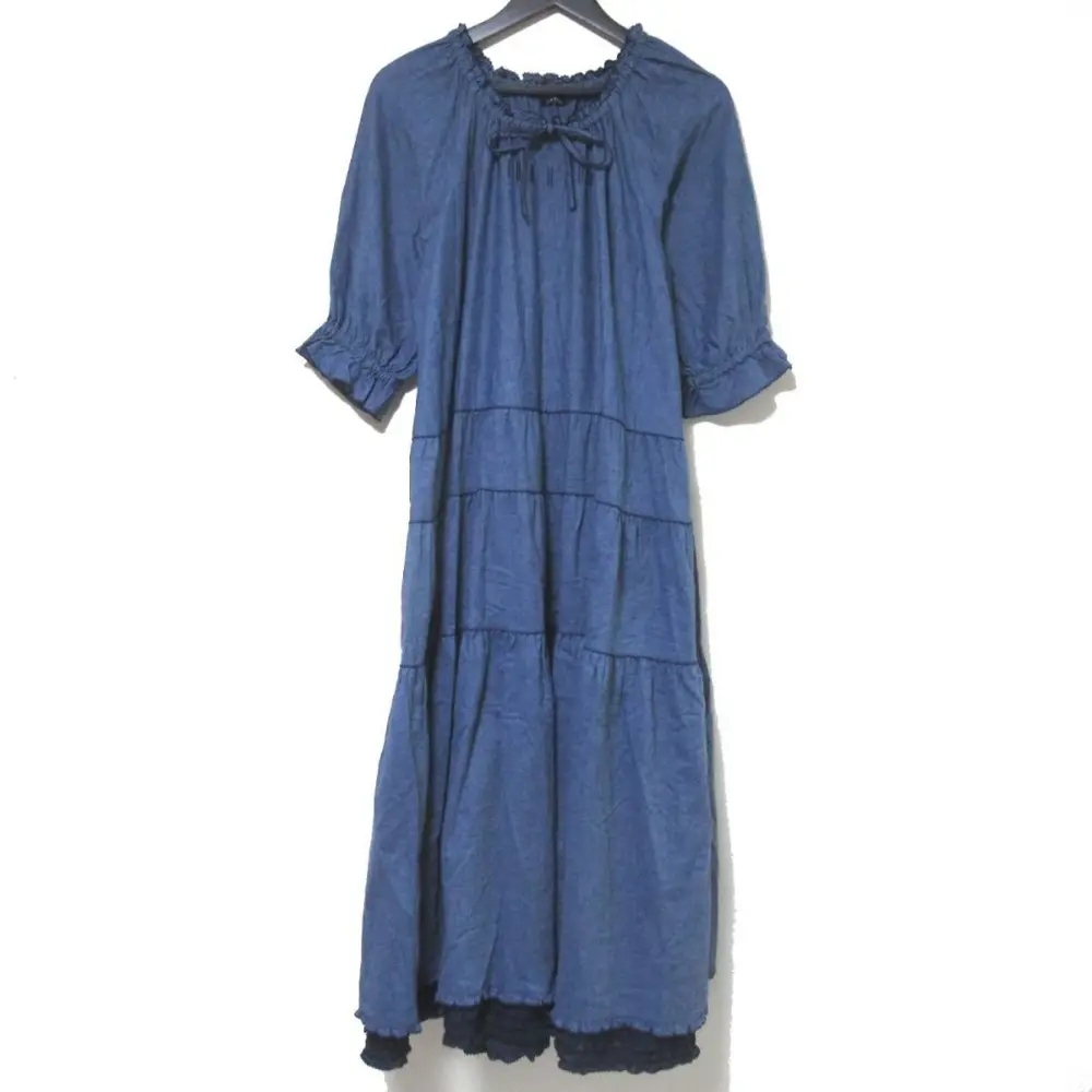 PINK HOUSE ピンクハウス ロング丈 マキシ丈 ロゴ刺繍 ギャザー リボン ティアード ドレス ワンピース A2123FAY134 ブルー