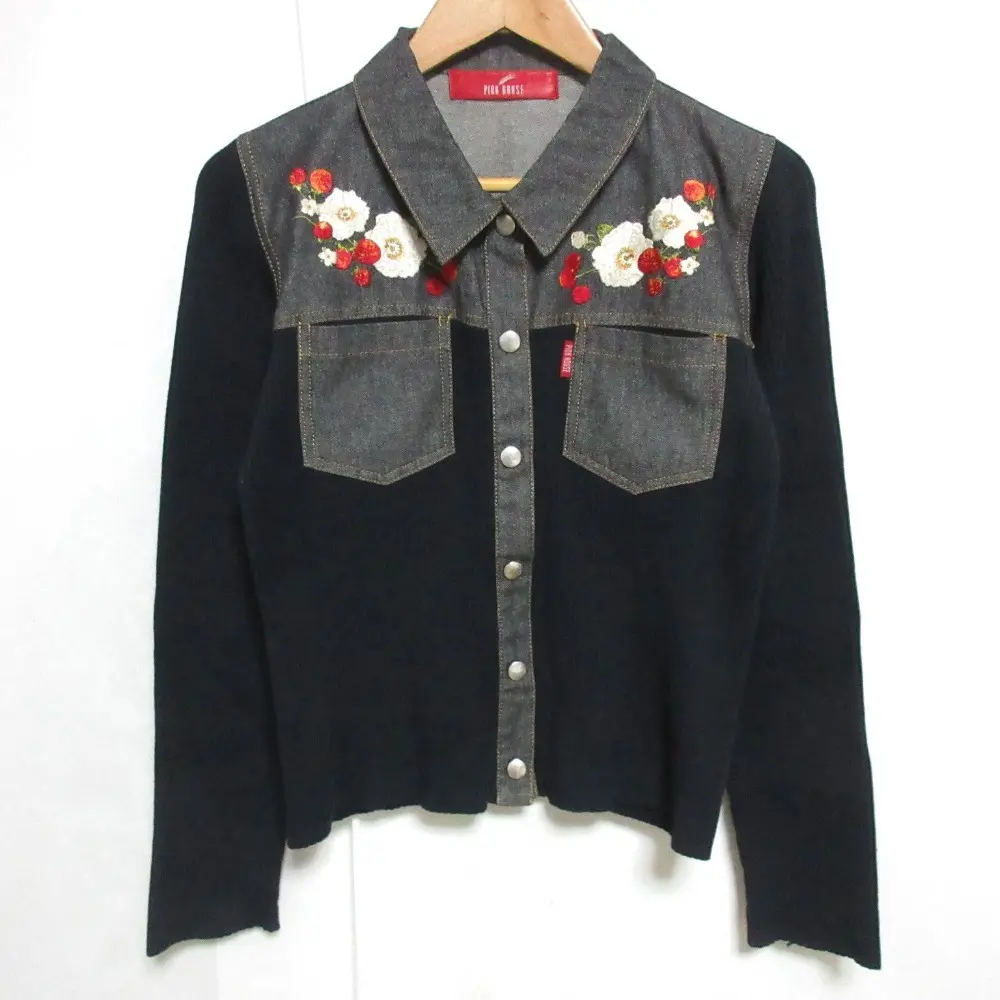 PINK HOUSE ピンクハウス 苺＆フラワー刺繍 長袖 リブニット ドッキング デニムシャツ ブラウス ジャケット ネイビー