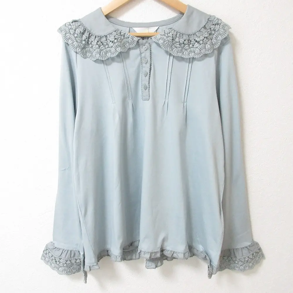 PINK HOUSE ピンクハウス レースカラー フリル 長袖 ブラウス L ライトブルー 