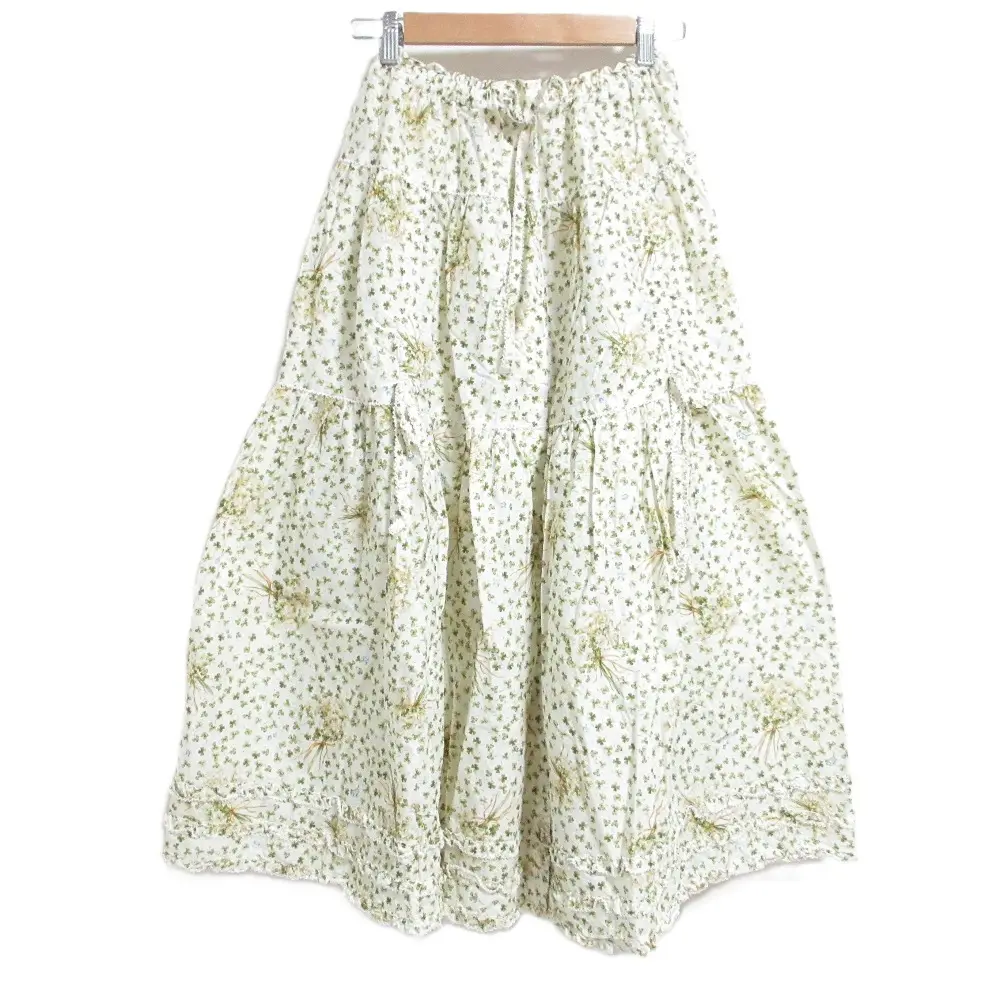 PINK HOUSE ピンクハウス ブーケ クローバープリント ピコフリル リボン イージーウエスト ロングスカート アイボリー グリーン