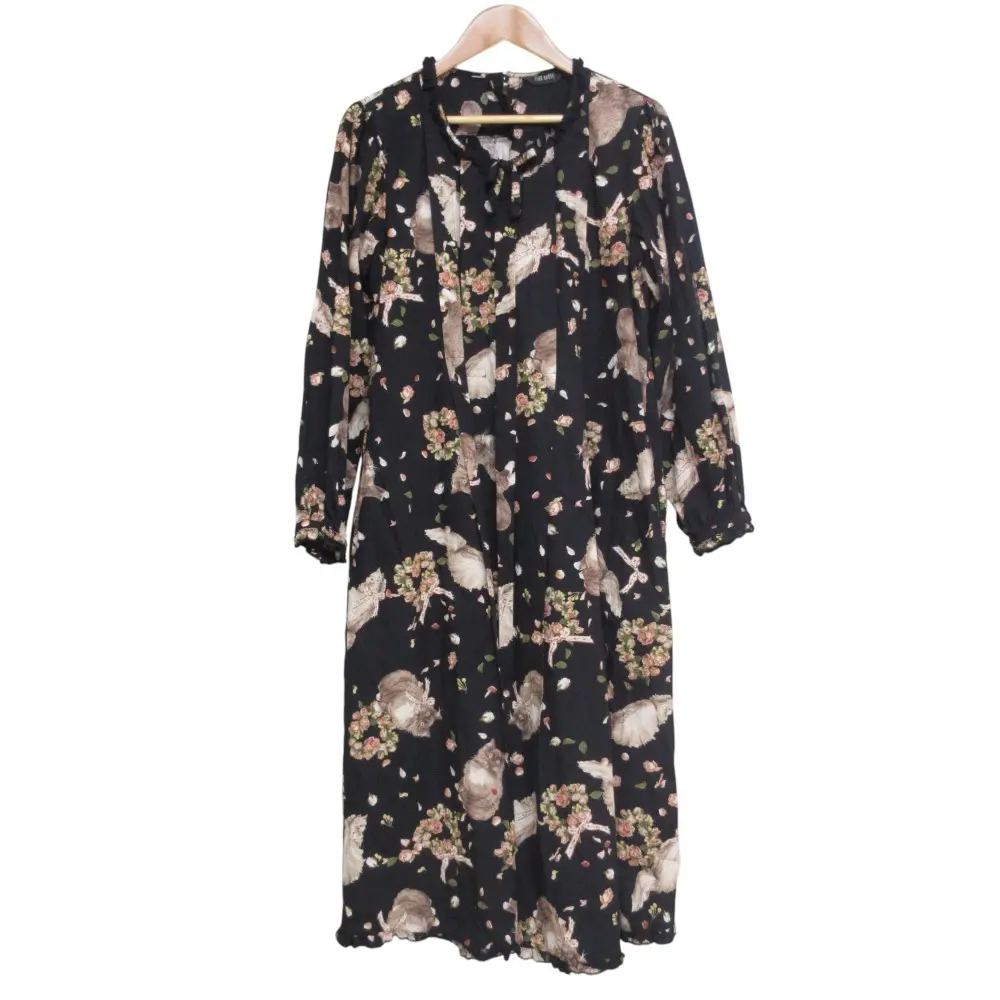 22AW PINK HOUSE ピンクハウス  キャット フラワー プリント 長袖 フリル ロングワンピース ブラック