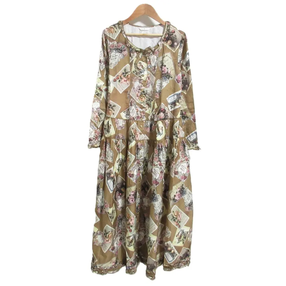 PINK HOUSE ピンクハウス アンティークカードプリント ウエストリボン ピコフリル ロングワンピース ブラウン