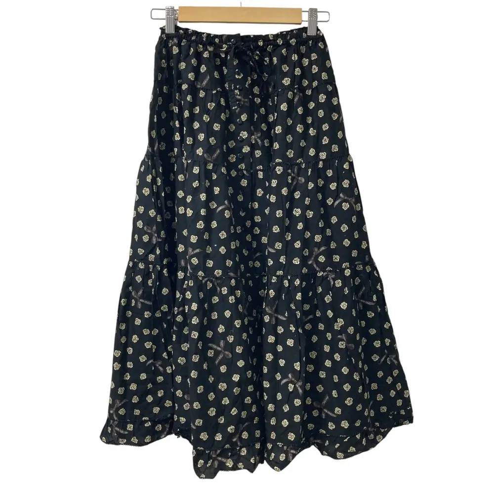 PINK HOUSE ピンクハウス 薔薇 リボン プリント ロングフレアスカート ブラック