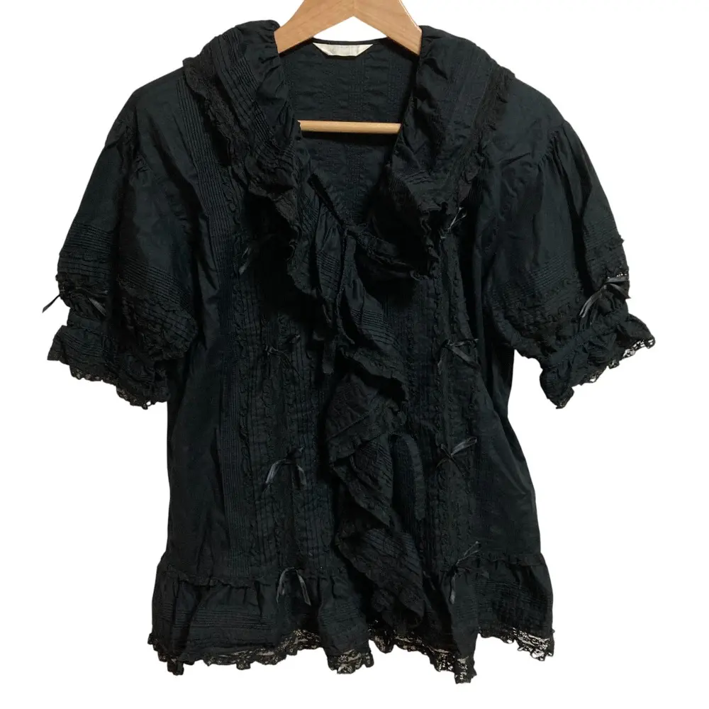 PINK HOUSE ピンクハウス リボン レース ショートスリーブ ラッフルフリル ブラウス シャツ ブラック