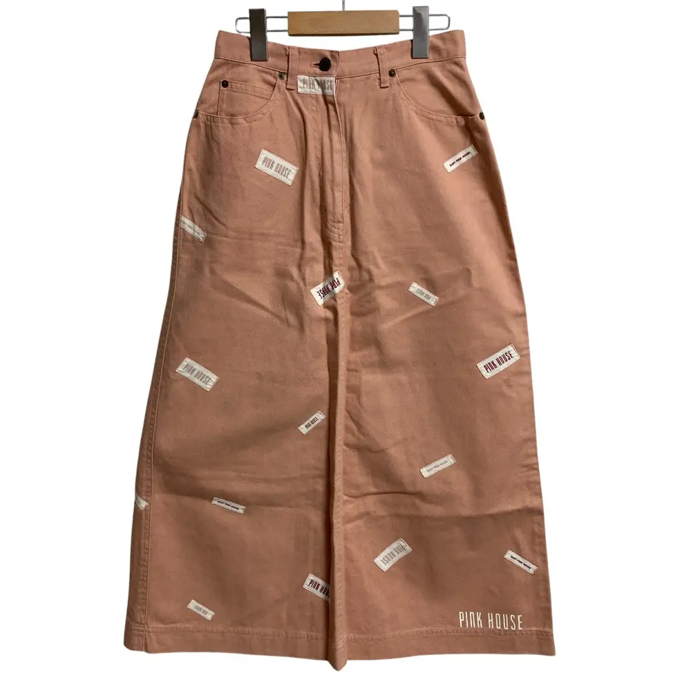 PINK HOUSE ピンクハウス ロゴパッチ ワッペン Aライン ロング デニムスカート Lサイズ ピンク