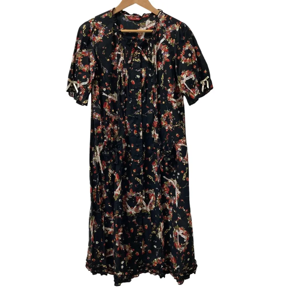 PINK HOUSE ピンクハウス ピコフリル リボンフルーツ柄 半袖 ロングワンピース ブラック×レッド