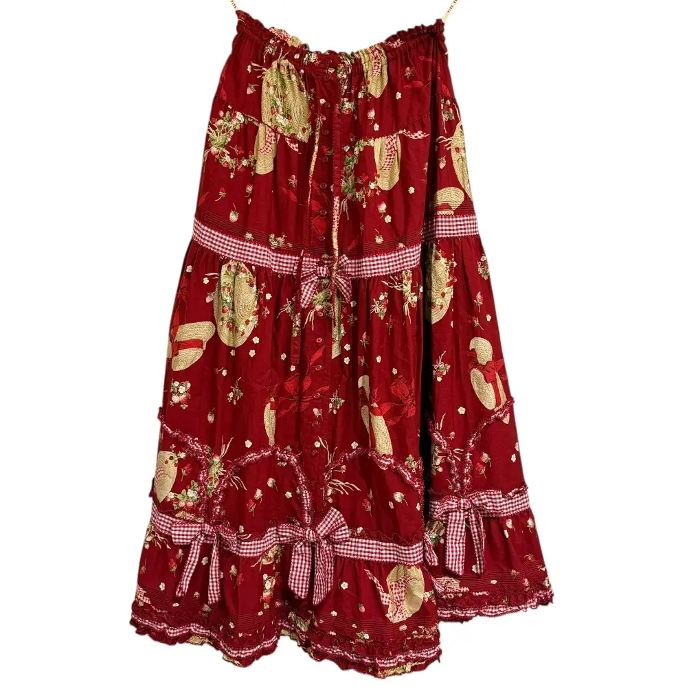 23SS PINK HOUSE ピンクハウス Straw-berry Hat プリントパッチワーク ロングスカート レッド