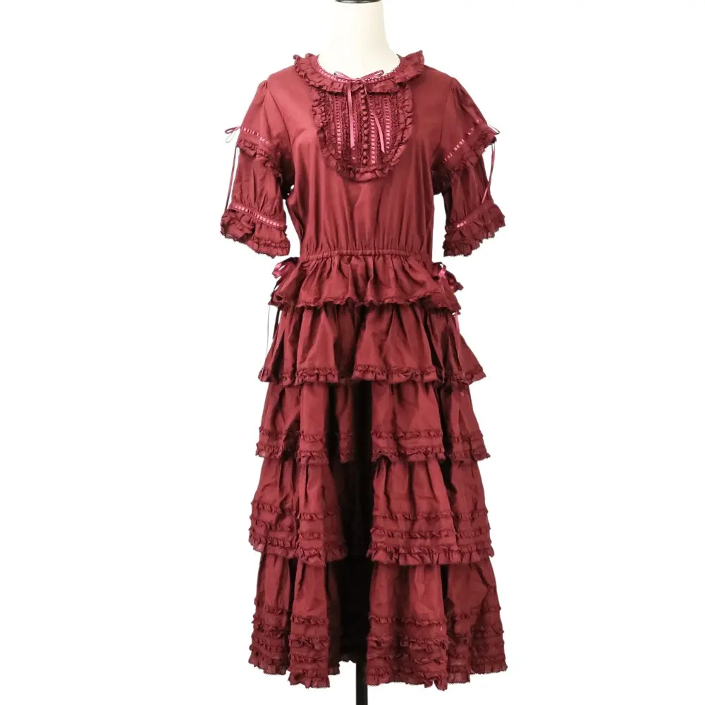 PINK HOUSE ピンクハウス 5分袖 ローンフリルワンピース A2133FAY213 FREE ボルドー