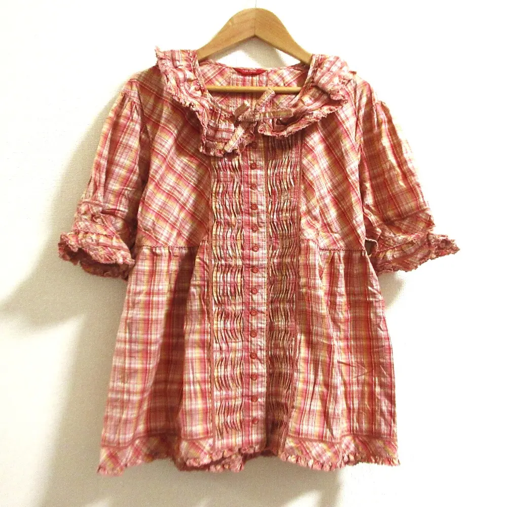 PINK HOUSE ピンクハウス チェック 半袖 フリルカラー プリーツ ブラウス シャツ ピンク レッド