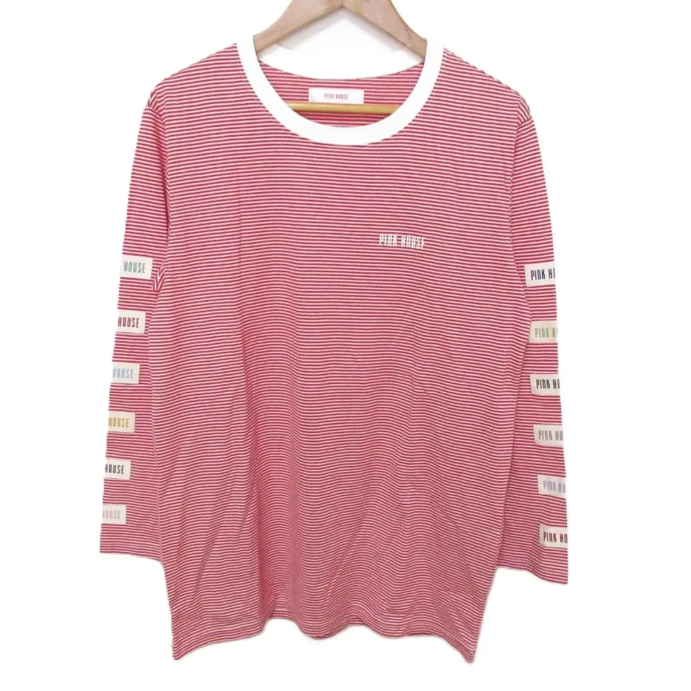 PINK HOUSE ピンクハウス ボーダー柄 袖パッチ ロゴプリント ロングスリーブ クルーネック カットソー ロングTシャツ レッド