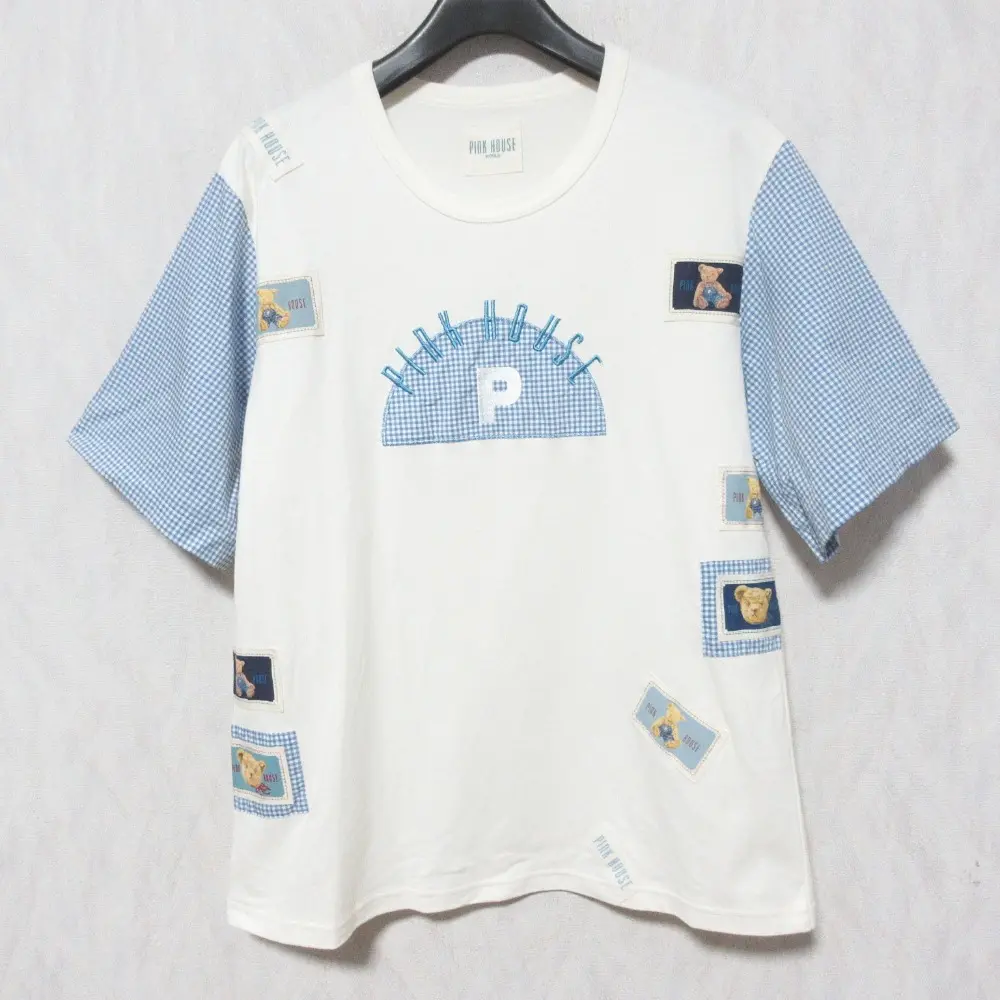 PINK HOUSE ピンクハウス WORLD ギンガムチェックスリーブ パッチワーク Tシャツ カットソー A2191UTS426 オフホワイト ブルー