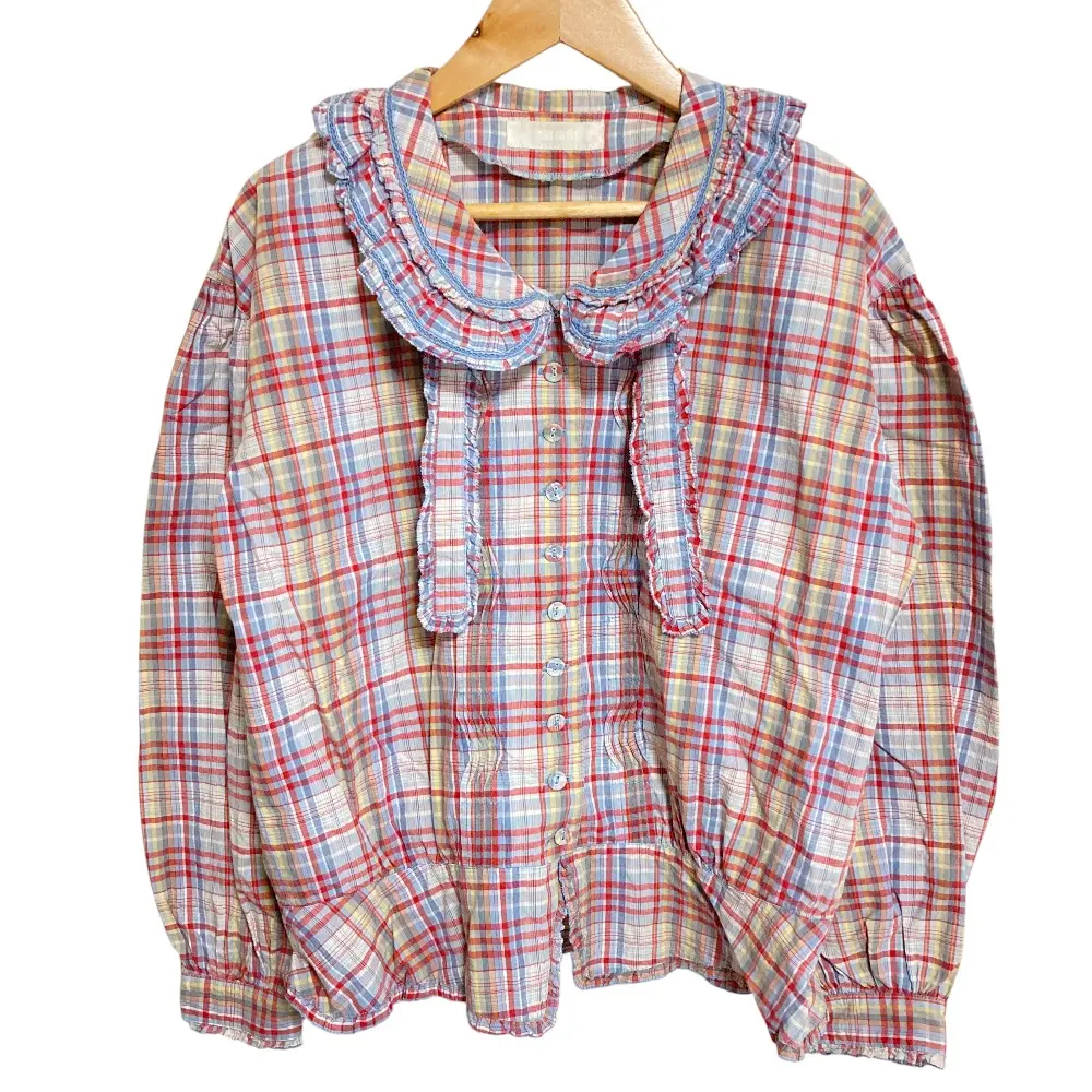 PINK HOUSE ピンクハウス チェック フリルカラー ロングスリーブ ブラウス シャツ レッド マルチカラー