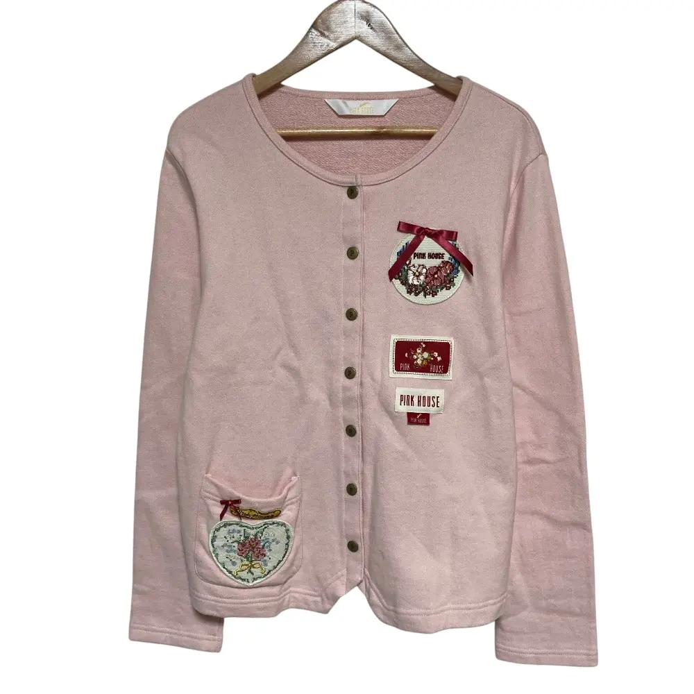 PINK HOUSE ピンクハウス ロゴパッチ リボン クルーネック カーディガン 4 L ピンク