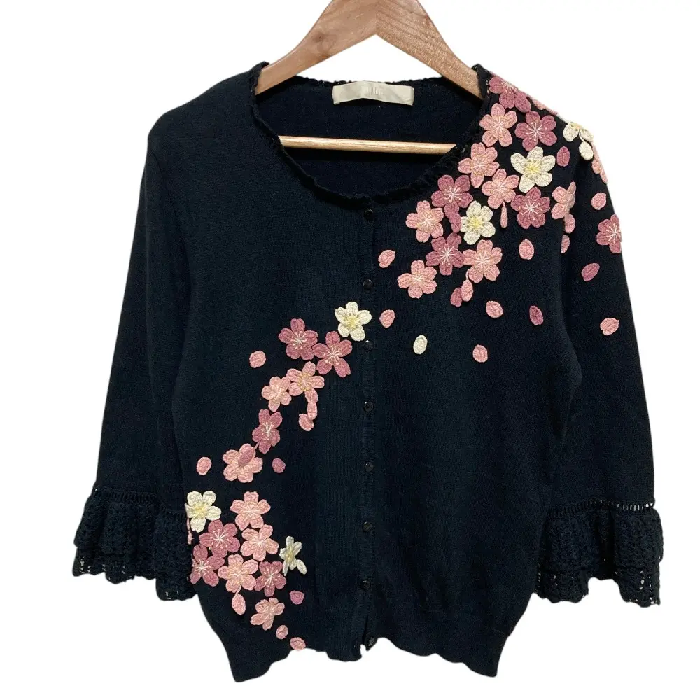 PINK HOUSE ピンクハウス 桜モチーフ コットンニット カーディガン ネイビー×ピンク